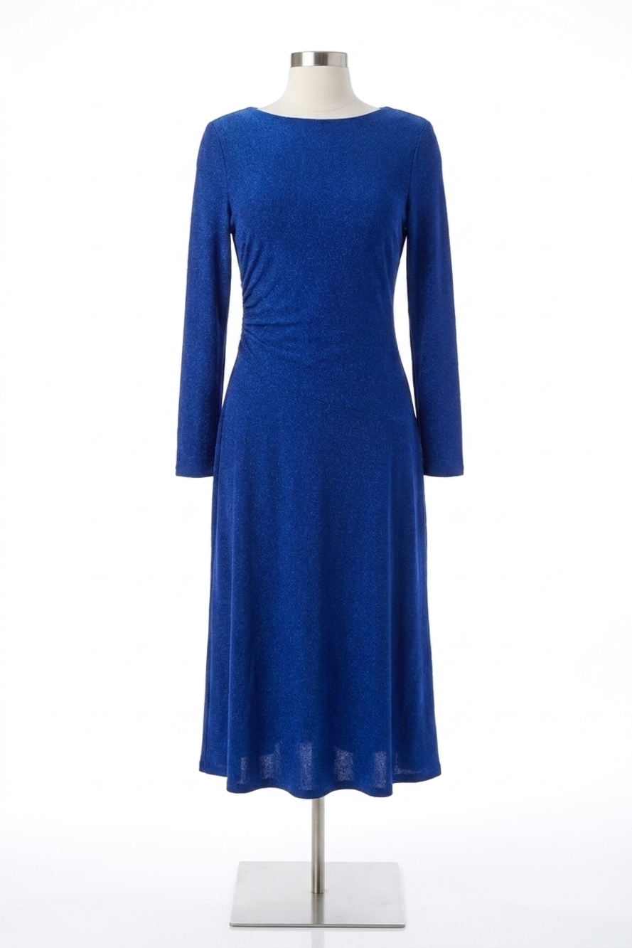 NEW JOSEPH RIBKOFF shimmery ruched fit and flare dress in royal sapphire
